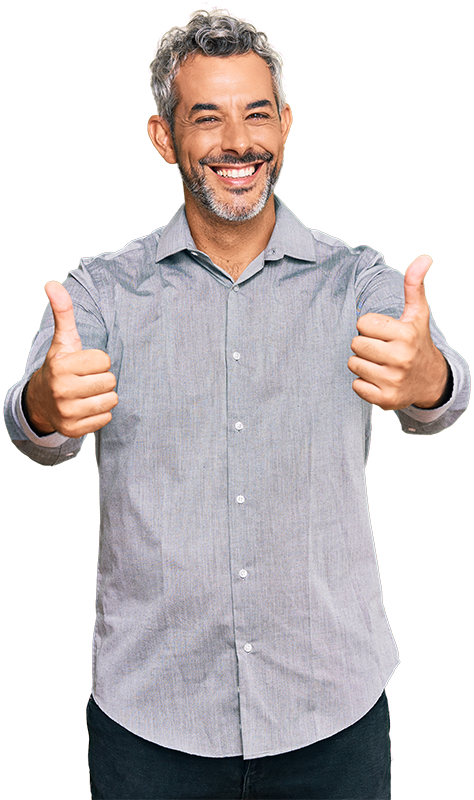 Middle-aged man with grey shirt giving two thumbs up.